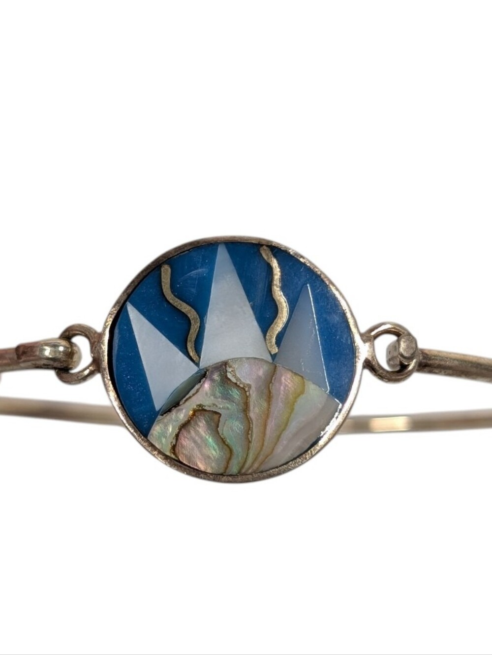 Vintage Alpaca Mexico Bangle Bracelet Sun Rays Mother Of Pearl & Abalone